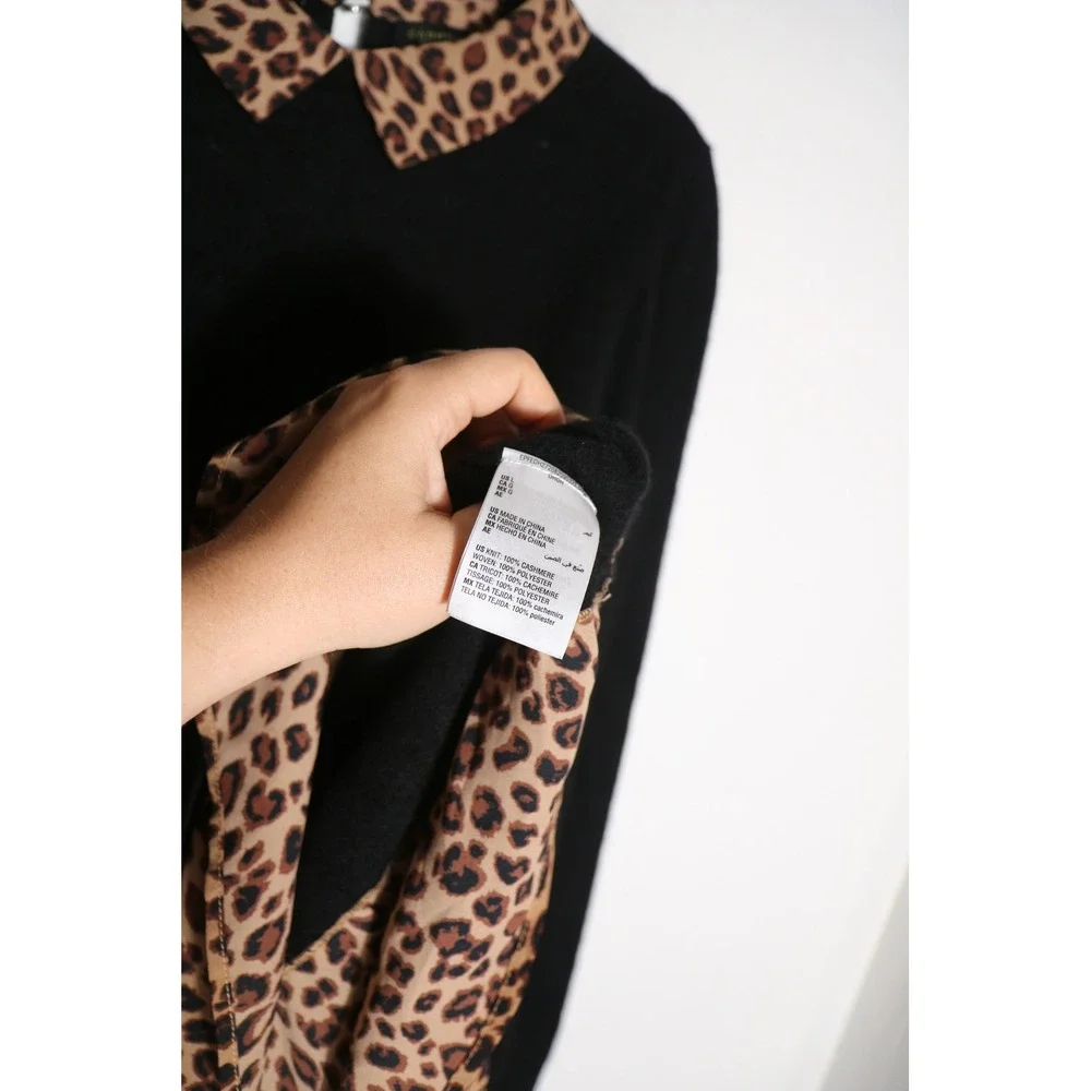 Charter Club 100% Cashmere Sweater Large Black Leopard Blouse Trim Preppy